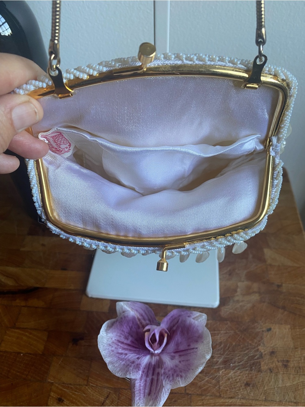 Pearl-Embellished Cream Evening Clutch with Gold Chain - Picture 3 of 3